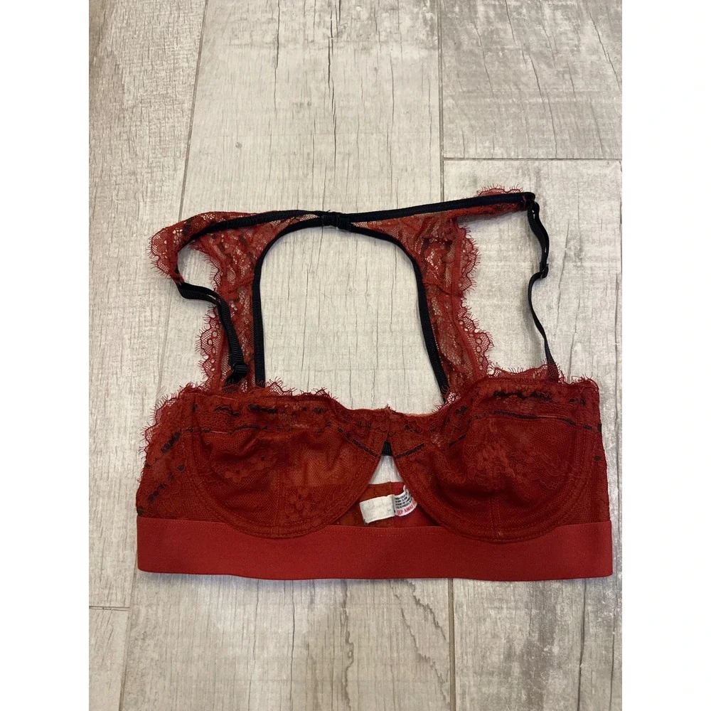 Free People Intimately Lace Balconette Underwire Bra Rust Red Black 32D